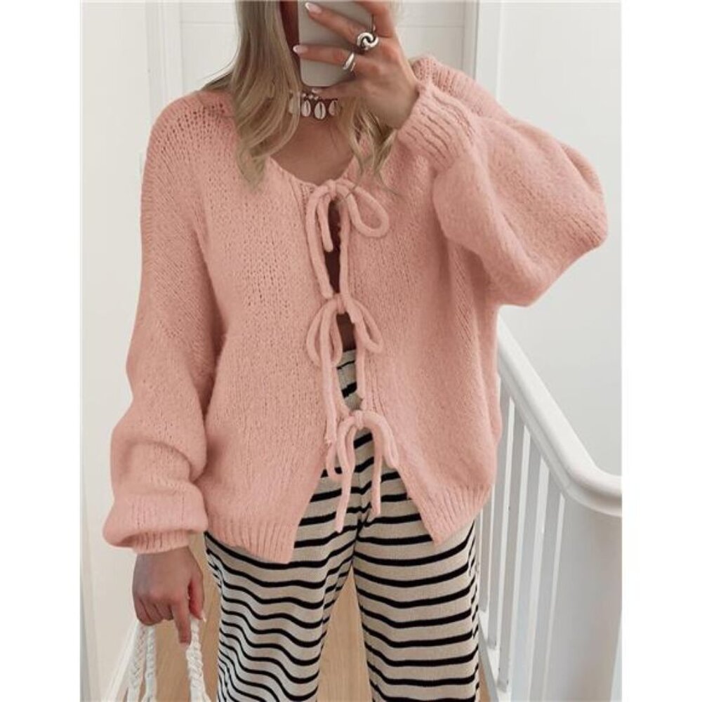 Women's Tie Front Bow Cardigan Sweaters Chunky Knit Long Puff - Picture 5 of 7